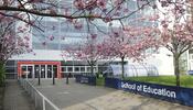 Cherry trees in bloom outside the St Andrews Building of the University of Glasgow